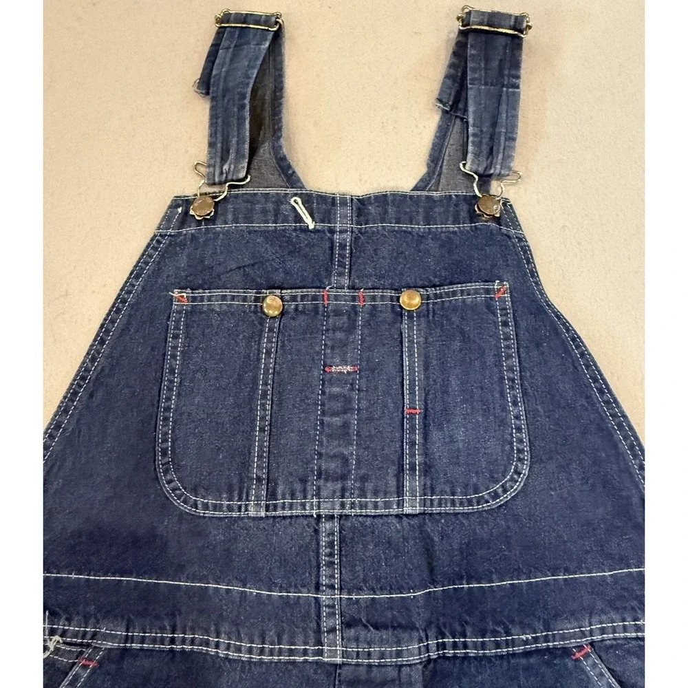 VTG Big Yank Denim Overalls 38x30 USA Made 70s Workwear Red Stitch Button fly - Picture 3 of 14